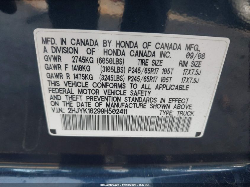 2009 Honda Ridgeline Rt VIN: 2HJYK16299H502411 Lot: 43927423