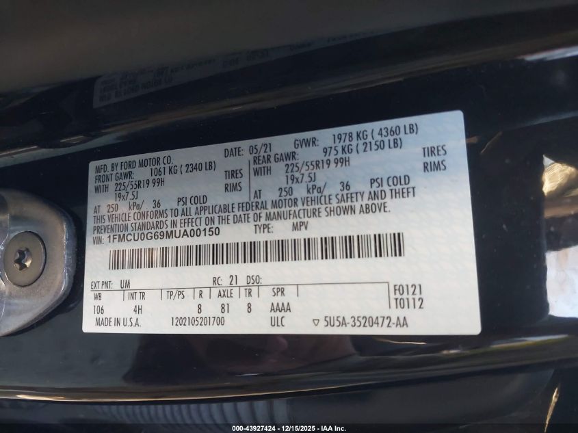 2021 Ford Escape Se VIN: 1FMCU0G69MUA00150 Lot: 43927424