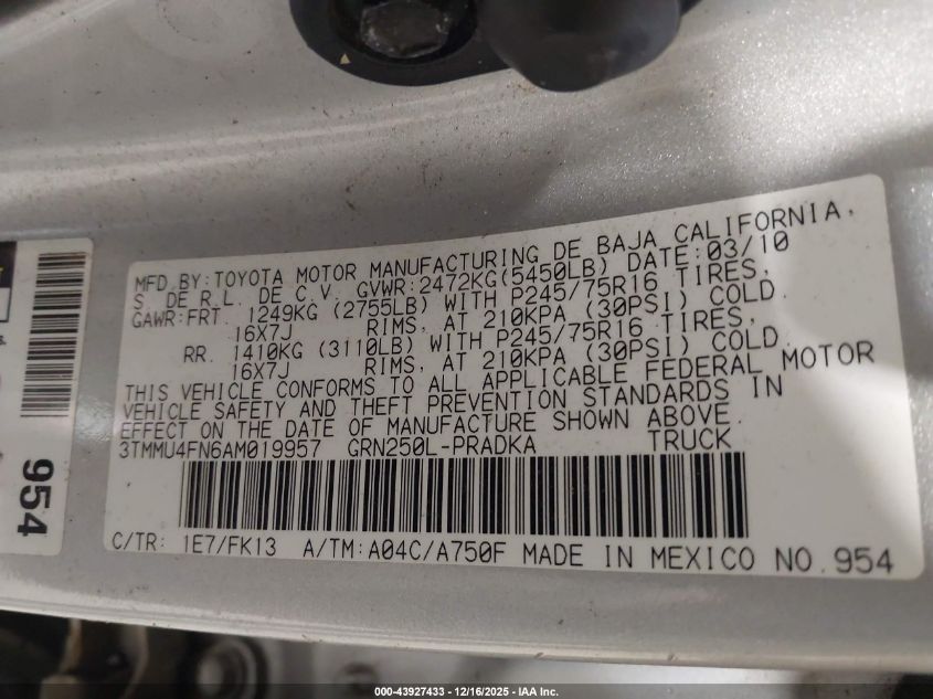 2010 Toyota Tacoma Base V6 VIN: 3TMMU4FN6AM019957 Lot: 43927433