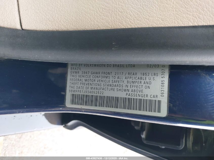 2003 Volkswagen Golf Gl Tdi VIN: 9BWFP61J934052522 Lot: 43927436