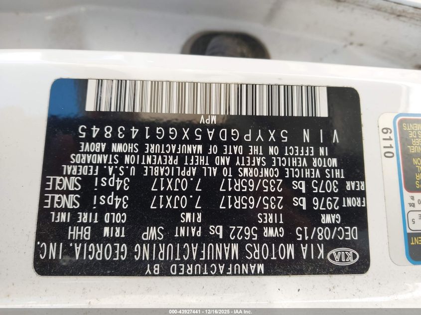 2016 Kia Sorento 3.3L Lx VIN: 5XYPGDA5XGG143845 Lot: 43927441