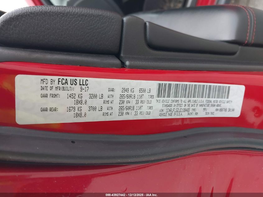 2018 Jeep Grand Cherokee Trailhawk 4X4 VIN: 1C4RJFLG2JC139465 Lot: 43927442