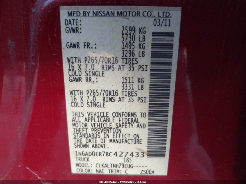 2011 Nissan Frontier Sv VIN: 1N6AD0ER7BC427433 Lot: 43927446