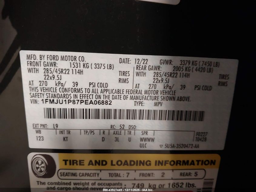 2023 Ford Expedition King Ranch VIN: 1FMJU1P87PEA06882 Lot: 43927449