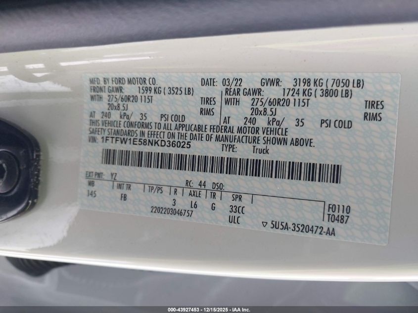 2022 Ford F-150 Xlt VIN: 1FTFW1E58NKD36025 Lot: 43927453