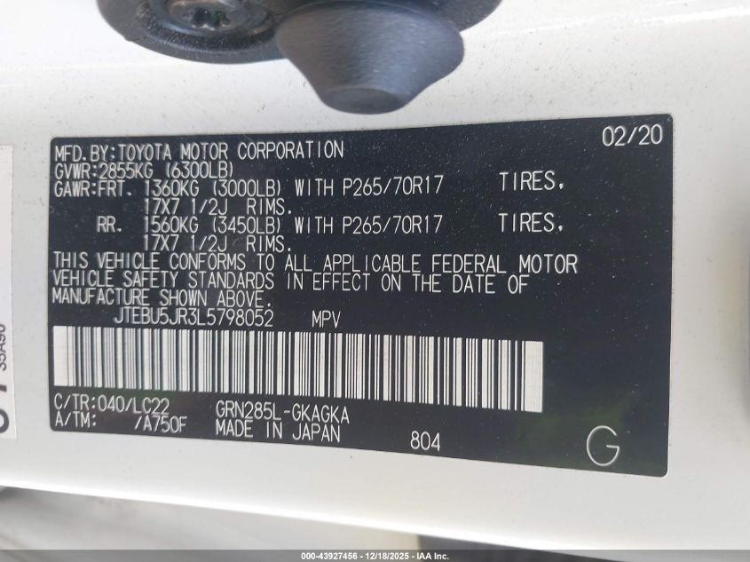 2020 Toyota 4Runner Trd Off Road Premium VIN: JTEBU5JR3L5798052 Lot: 43927456