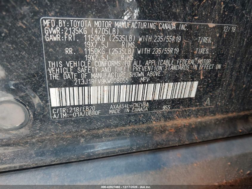 2019 Toyota Rav4 Adventure VIN: 2T3J1RFV9KW008055 Lot: 43927460