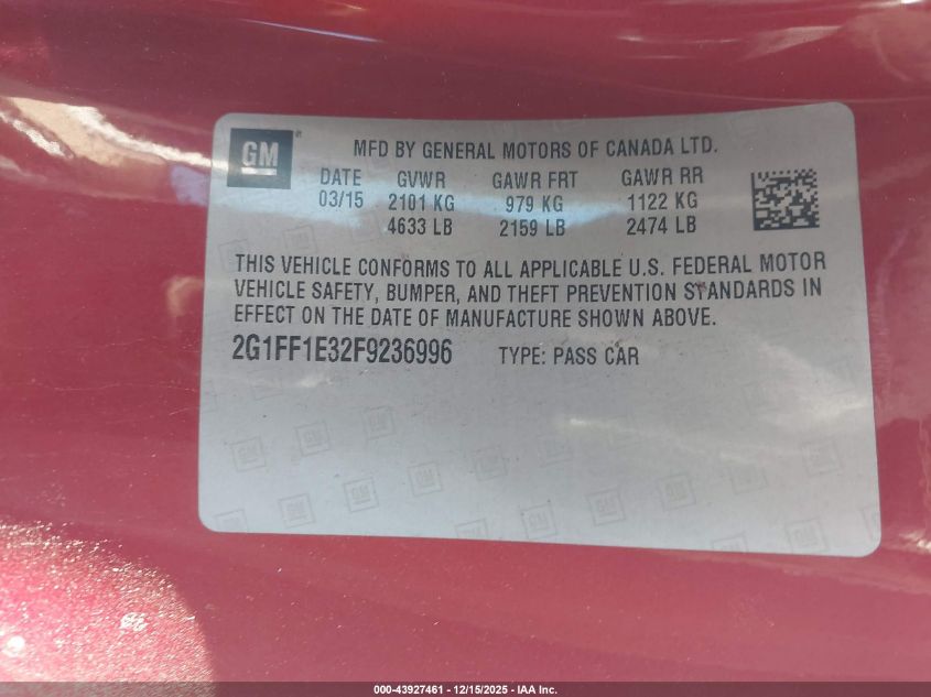 2015 Chevrolet Camaro 2Lt VIN: 2G1FF1E32F9236996 Lot: 43927461
