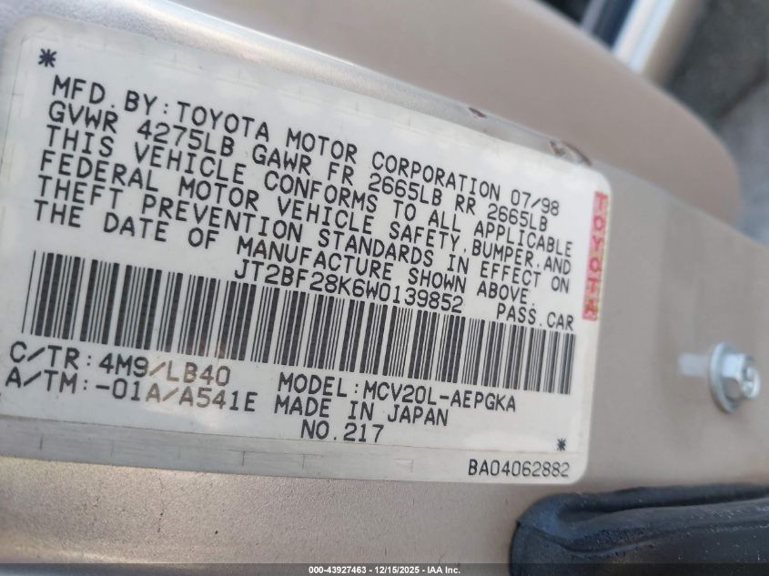 1998 Toyota Camry Xle V6 VIN: JT2BF28K6W0139852 Lot: 43927463