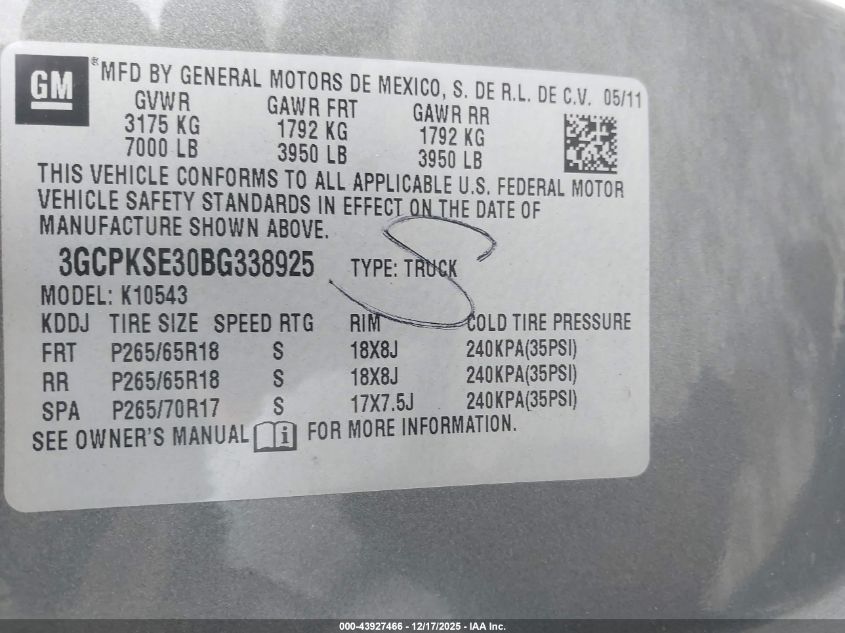 2011 Chevrolet Silverado 1500 Lt VIN: 3GCPKSE30BG338925 Lot: 43927466