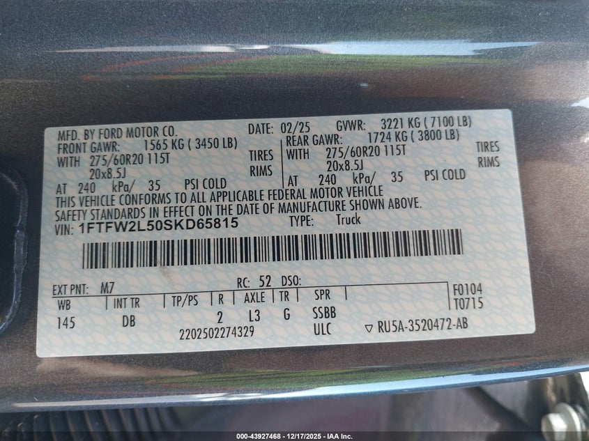 1FTFW2L50SKD65815 2025 FORD F-150 photo no. 9