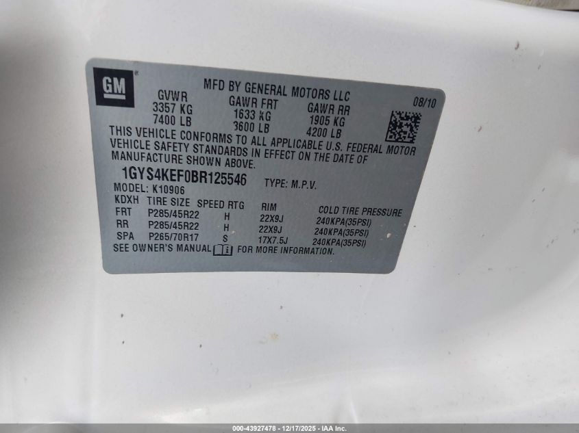 2011 Cadillac Escalade Esv Platinum Edition VIN: 1GYS4KEF0BR125546 Lot: 43927478