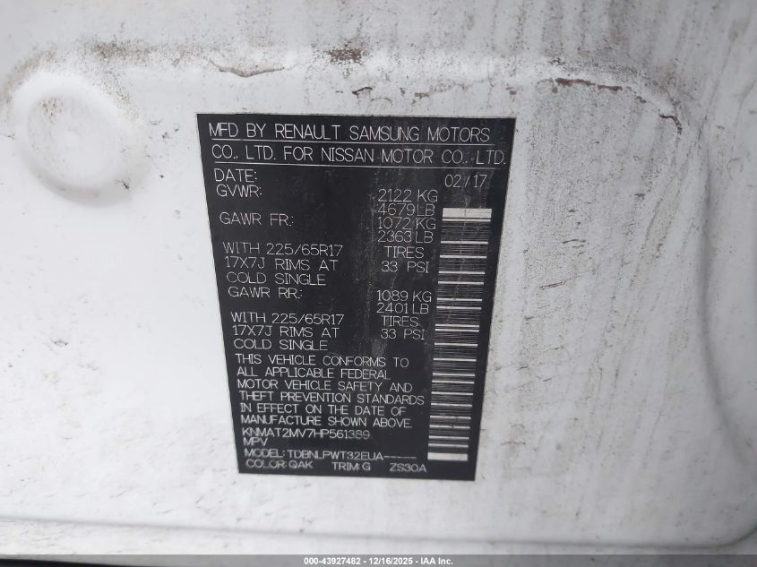 2017 Nissan Rogue S VIN: KNMAT2MV7HP561389 Lot: 43927482