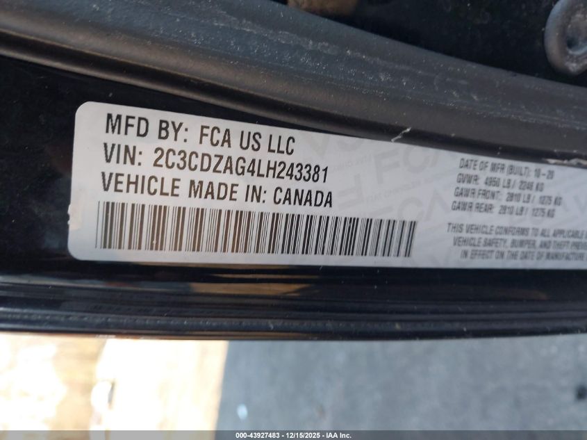 2020 Dodge Challenger Sxt VIN: 2C3CDZAG4LH243381 Lot: 43927483