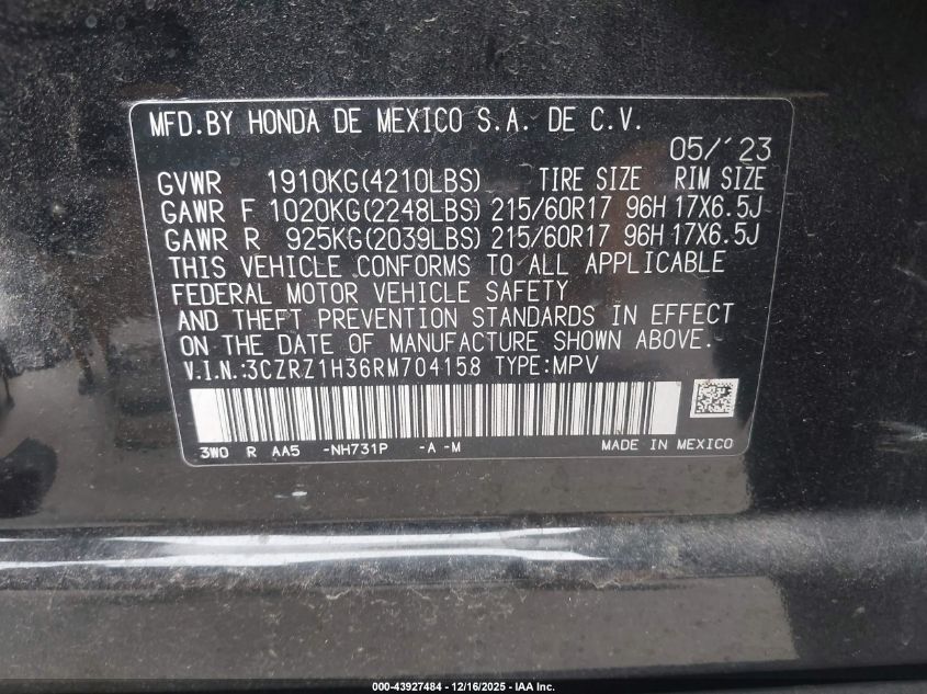 2024 Honda Hr-V 2Wd Lx VIN: 3CZRZ1H36RM704158 Lot: 43927484