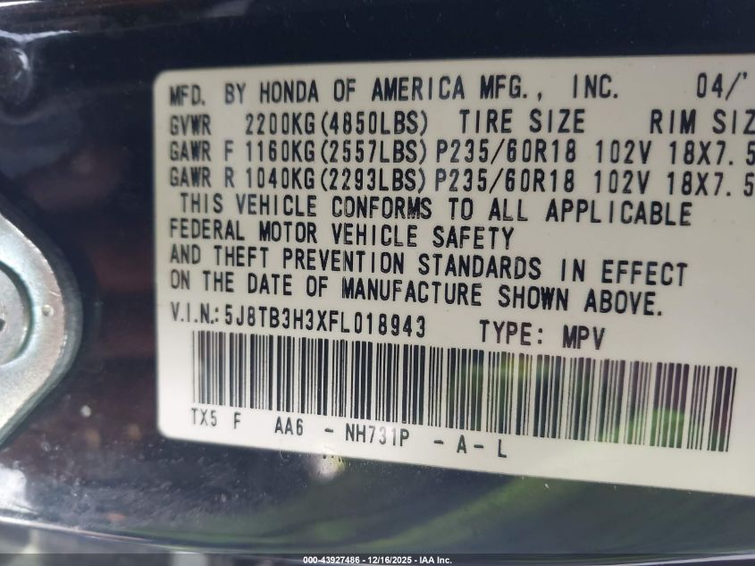 2015 Acura Rdx VIN: 5J8TB3H3XFL018943 Lot: 43927486