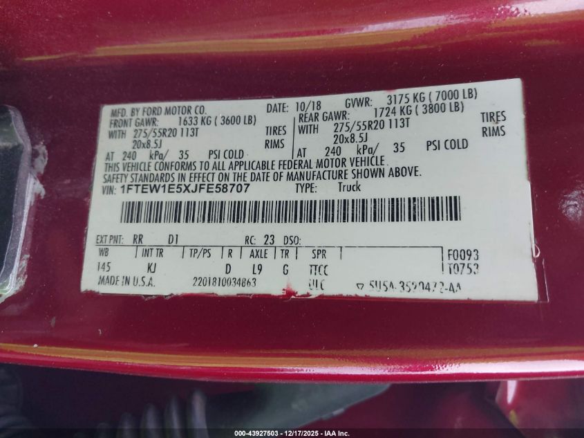 2018 Ford F-150 King Ranch VIN: 1FTEW1E5XJFE58707 Lot: 43927503