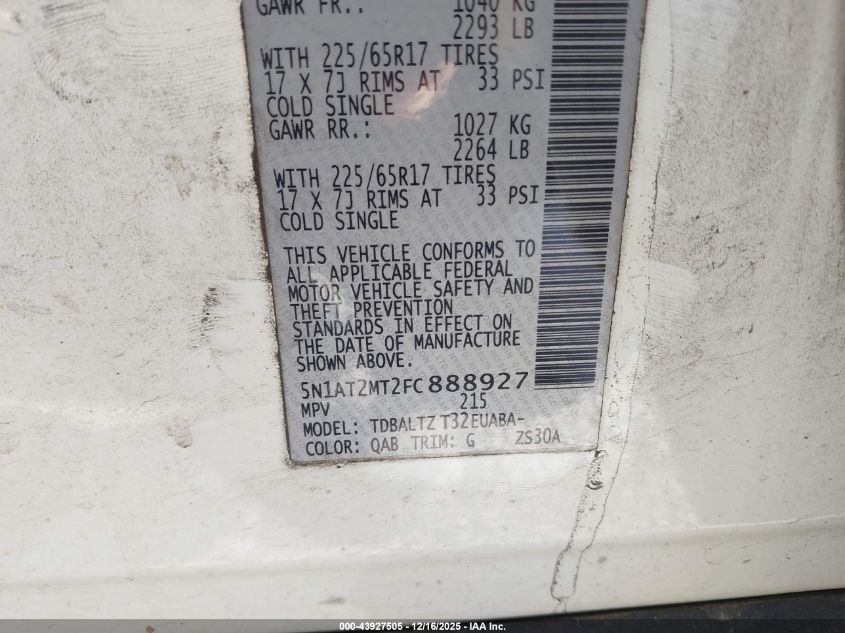 2015 Nissan Rogue Sv VIN: 5N1AT2MT2FC888927 Lot: 43927505