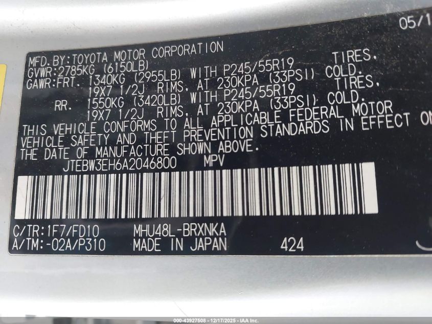 2010 Toyota Highlander Hybrid Base V6 VIN: JTEBW3EH6A2046800 Lot: 43927508