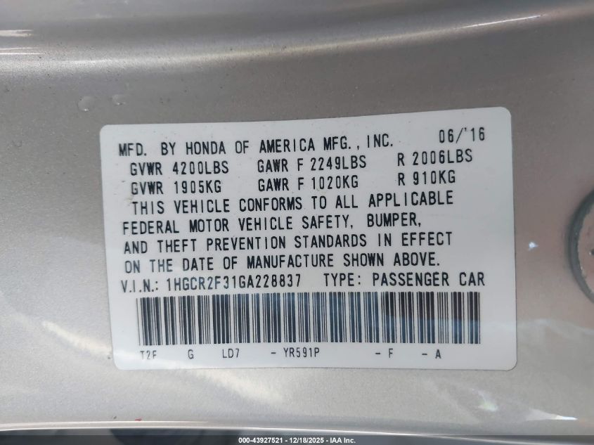 2016 Honda Accord Lx VIN: 1HGCR2F31GA228837 Lot: 43927521