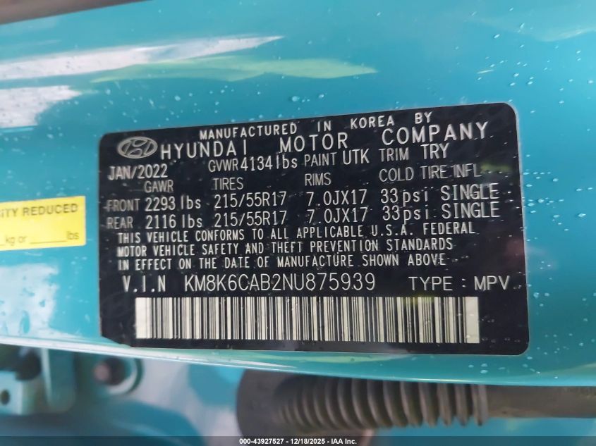 2022 Hyundai Kona Sel VIN: KM8K6CAB2NU875939 Lot: 43927527