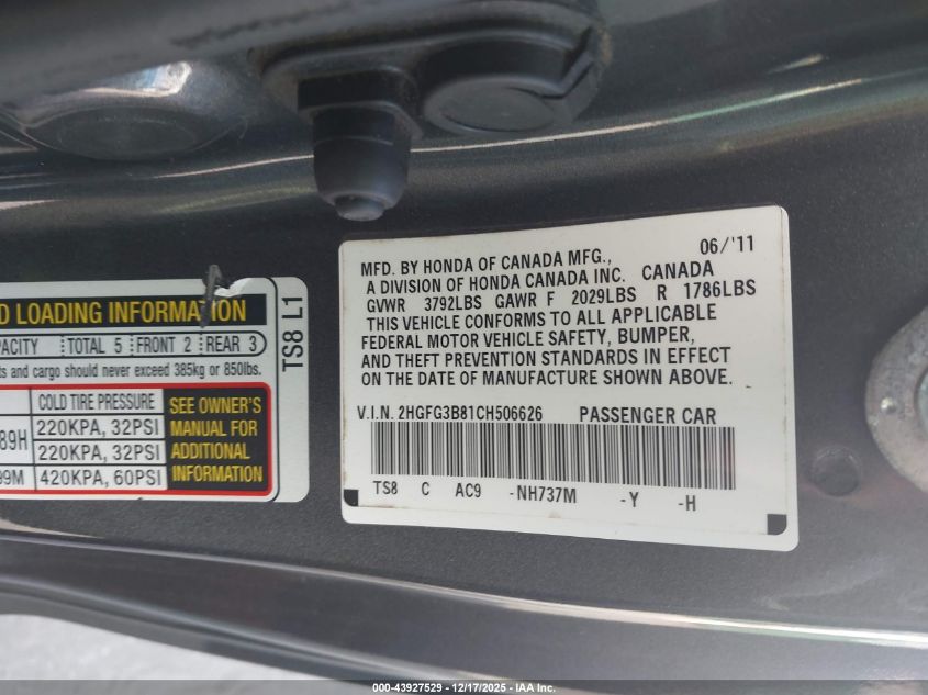 2012 Honda Civic Ex VIN: 2HGFG3B81CH506626 Lot: 43927529