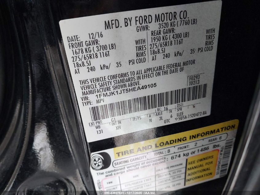 2017 Ford Expedition El Xlt VIN: 1FMJK1JT5HEA49105 Lot: 43927531