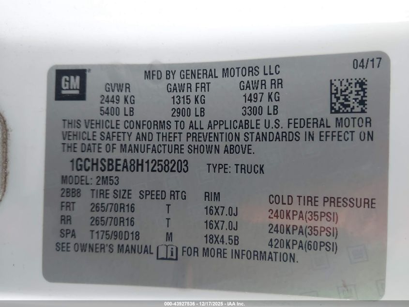 2017 Chevrolet Colorado Wt VIN: 1GCHSBEA8H1258203 Lot: 43927536