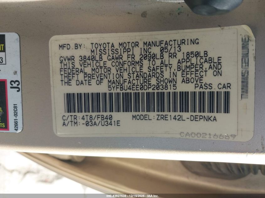 2013 Toyota Corolla Le VIN: 5YFBU4EE0DP203815 Lot: 43927538