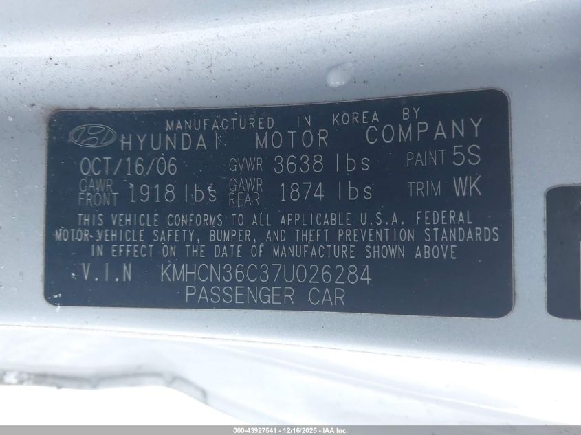 2007 Hyundai Accent Se VIN: KMHCN36C37U026284 Lot: 43927541