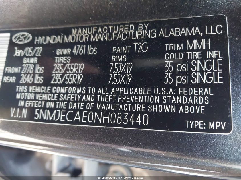 2022 Hyundai Tucson Limited VIN: 5NMJECAE0NH083440 Lot: 43927550