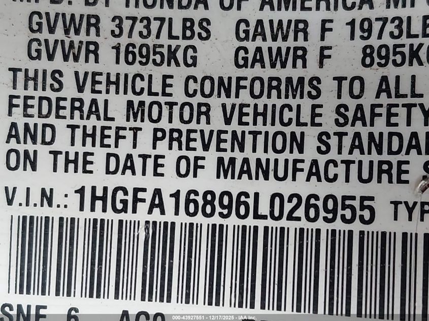 2006 Honda Civic Ex VIN: 1HGFA16896L026955 Lot: 43927551