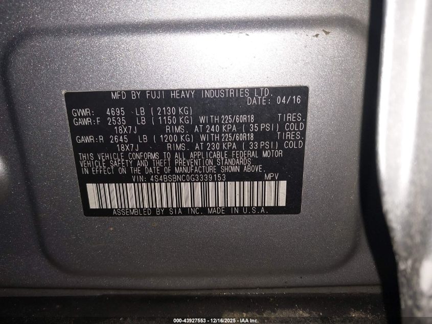 2016 Subaru Outback 2.5I Limited VIN: 4S4BSBNC0G3339153 Lot: 43927553