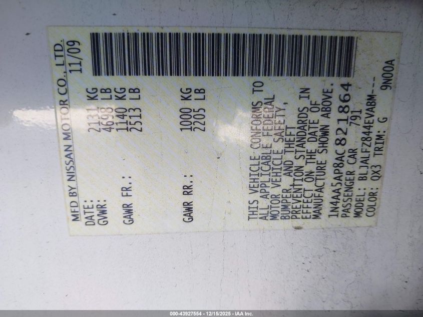 2010 Nissan Maxima 3.5 Sv VIN: 1N4AA5AP8AC821864 Lot: 43927554