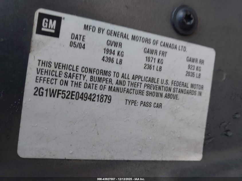 2004 Chevrolet Impala VIN: 2G1WF52E049421879 Lot: 43927557