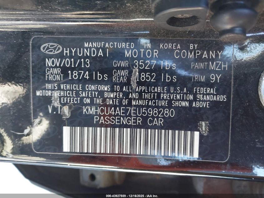 2014 Hyundai Accent Gls VIN: KMHCU4AE7EU598280 Lot: 43927559
