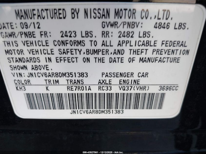 2013 Infiniti G37X VIN: JN1CV6AR8DM351383 Lot: 43927561