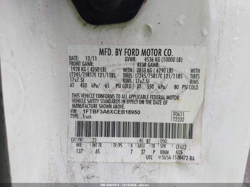 2012 Ford F-350 Xl VIN: 1FTBF3A6XCEB18950 Lot: 43927574