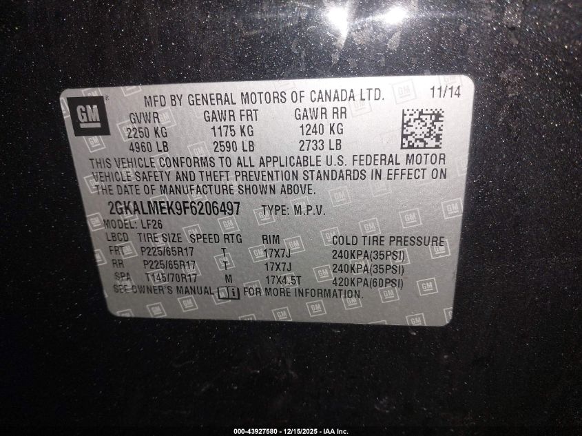 2015 GMC Terrain Sle-1 VIN: 2GKALMEK9F6206497 Lot: 43927580