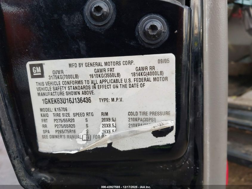 2006 GMC Yukon Denali VIN: 1GKEK63U16J136436 Lot: 43927585