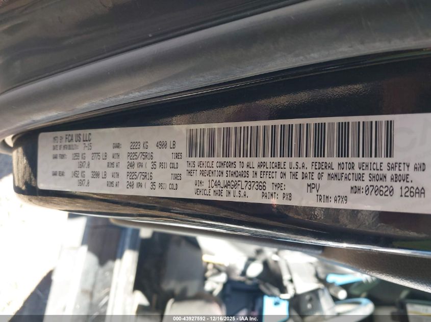 2015 Jeep Wrangler Sport VIN: 1C4AJWAG0FL737366 Lot: 43927592