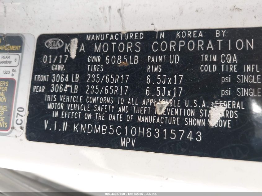 2017 Kia Sedona Lx VIN: KNDMB5C10H6315743 Lot: 43927600