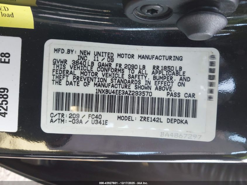 2010 Toyota Corolla Le VIN: 1NXBU4EE3AZ293570 Lot: 43927601