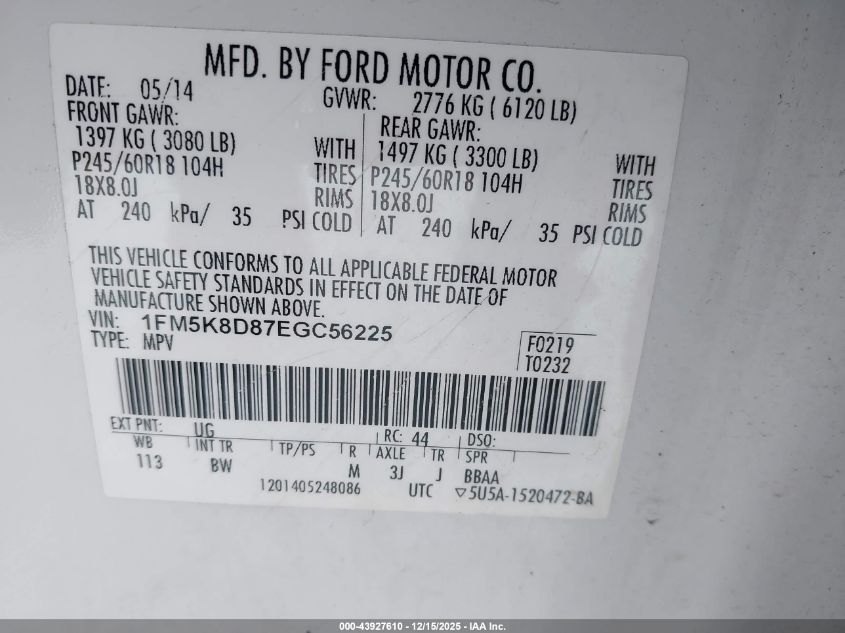 2014 Ford Explorer Xlt VIN: 1FM5K8D87EGC56225 Lot: 43927610