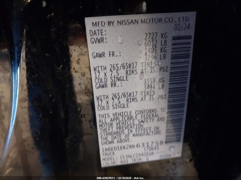 2024 Nissan Frontier Sv 4X4 VIN: 1N6ED1EK2RN631758 Lot: 43927611