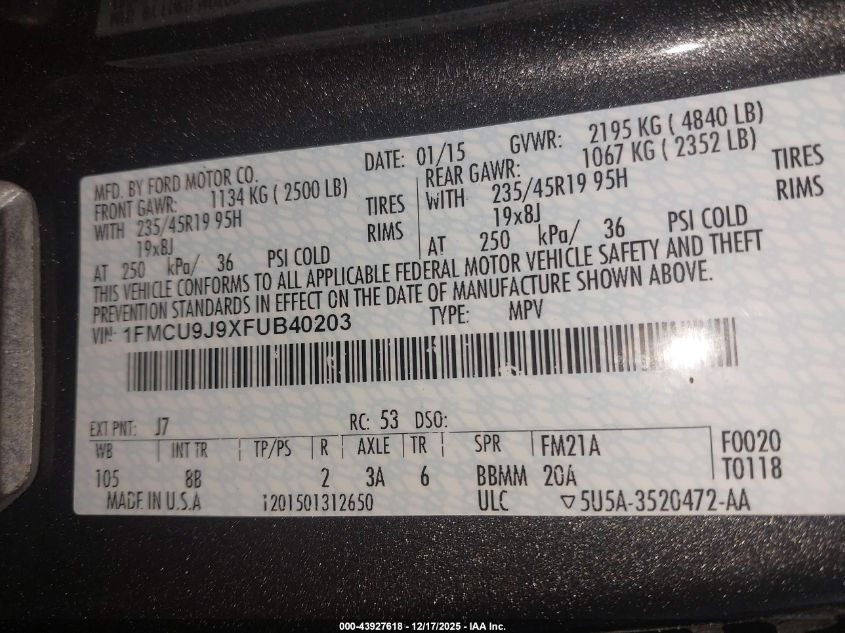 2015 Ford Escape Titanium VIN: 1FMCU9J9XFUB40203 Lot: 43927618