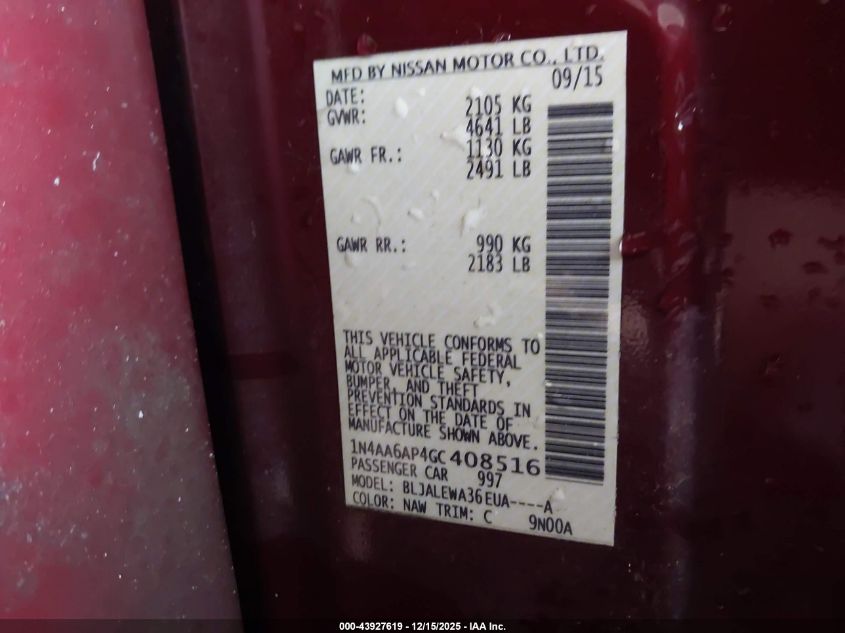 2016 Nissan Maxima 3.5 Sl VIN: 1N4AA6AP4GC408516 Lot: 43927619