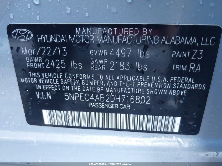 2013 Hyundai Sonata Limited 2.0T VIN: 5NPEC4AB2DH716802 Lot: 43927623