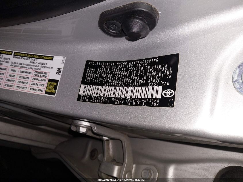 2020 Toyota Corolla Le VIN: 5YFEPRAE2LP082260 Lot: 43927624