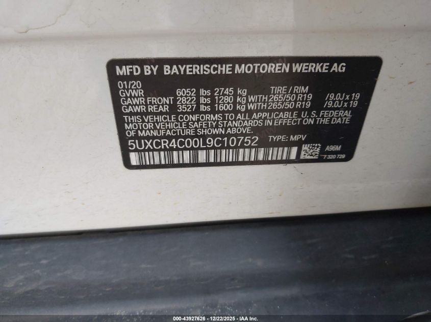 2020 BMW X5 Sdrive40I VIN: 5UXCR4C00L9C10752 Lot: 43927626